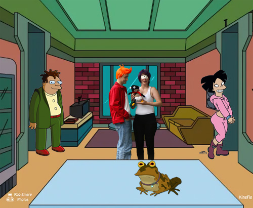 Leela and Fry with Nibbler in the rec room. All glory to the hypnotoad!